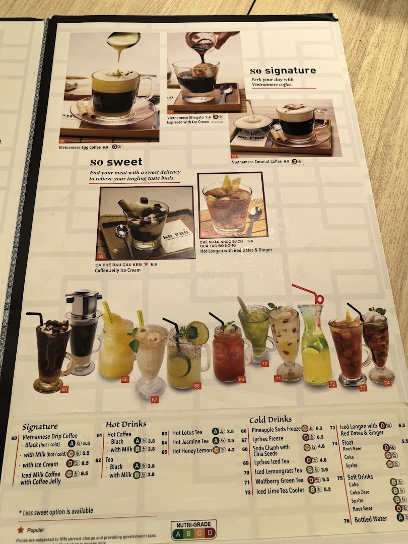 A vibrant menu page from So Pho, showcasing a variety of Vietnamese coffees, desserts, and refreshing beverages.