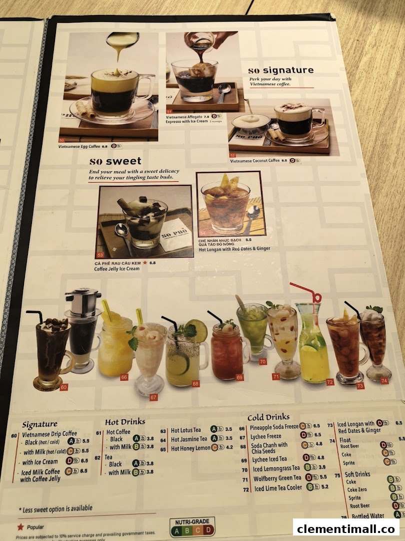 A vibrant menu page from So Pho, showcasing a variety of Vietnamese coffees, desserts, and refreshing beverages.