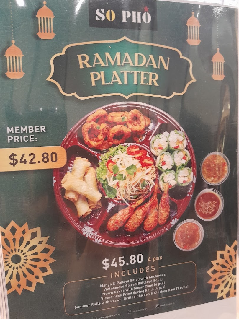 A promotional menu board for So Pho's Ramadan Platter, showcasing various Vietnamese dishes.