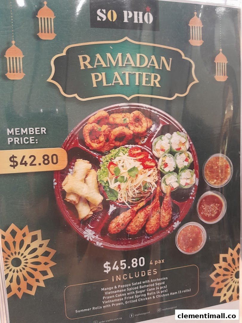 A promotional menu board for So Pho's Ramadan Platter, showcasing various Vietnamese dishes.