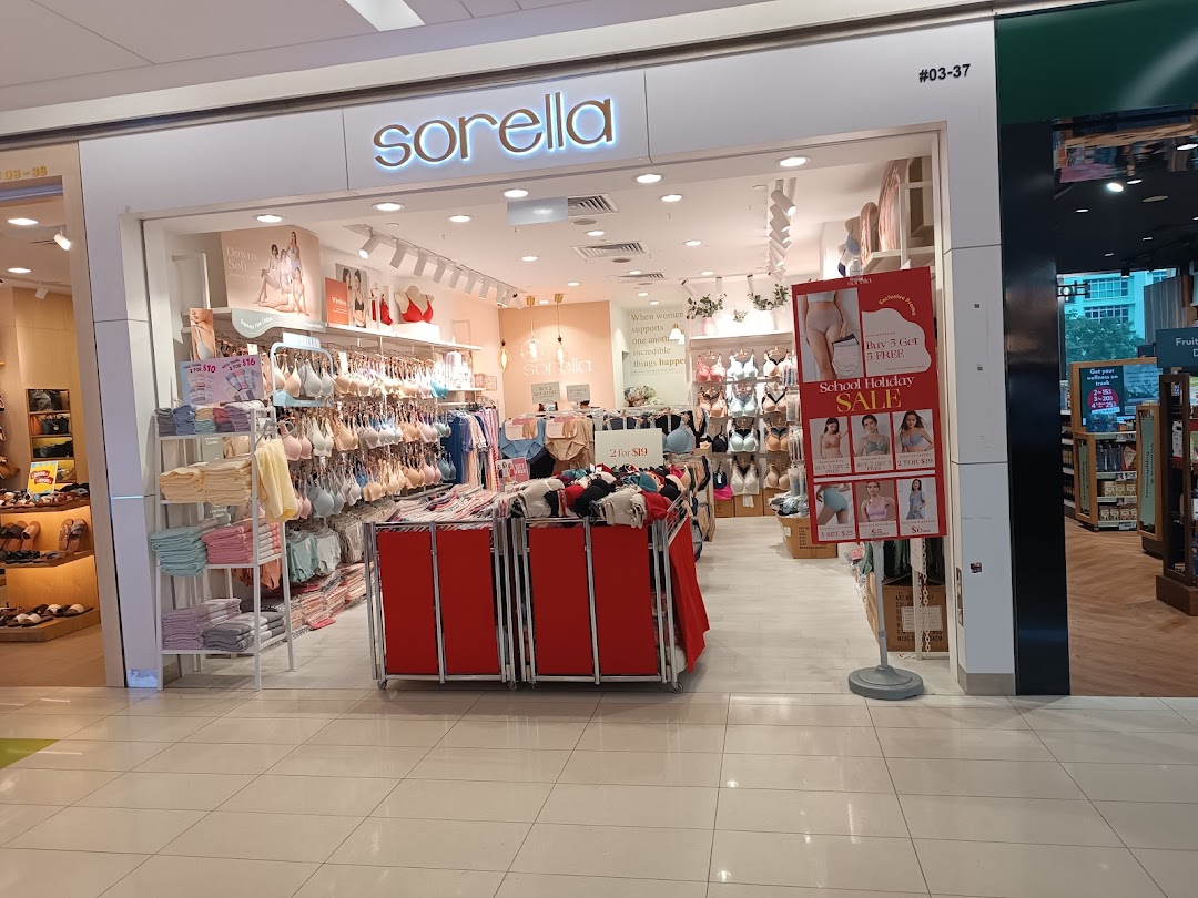 The storefront of Sorella, a lingerie shop, showcasing a wide range of intimate wear and current promotions.
