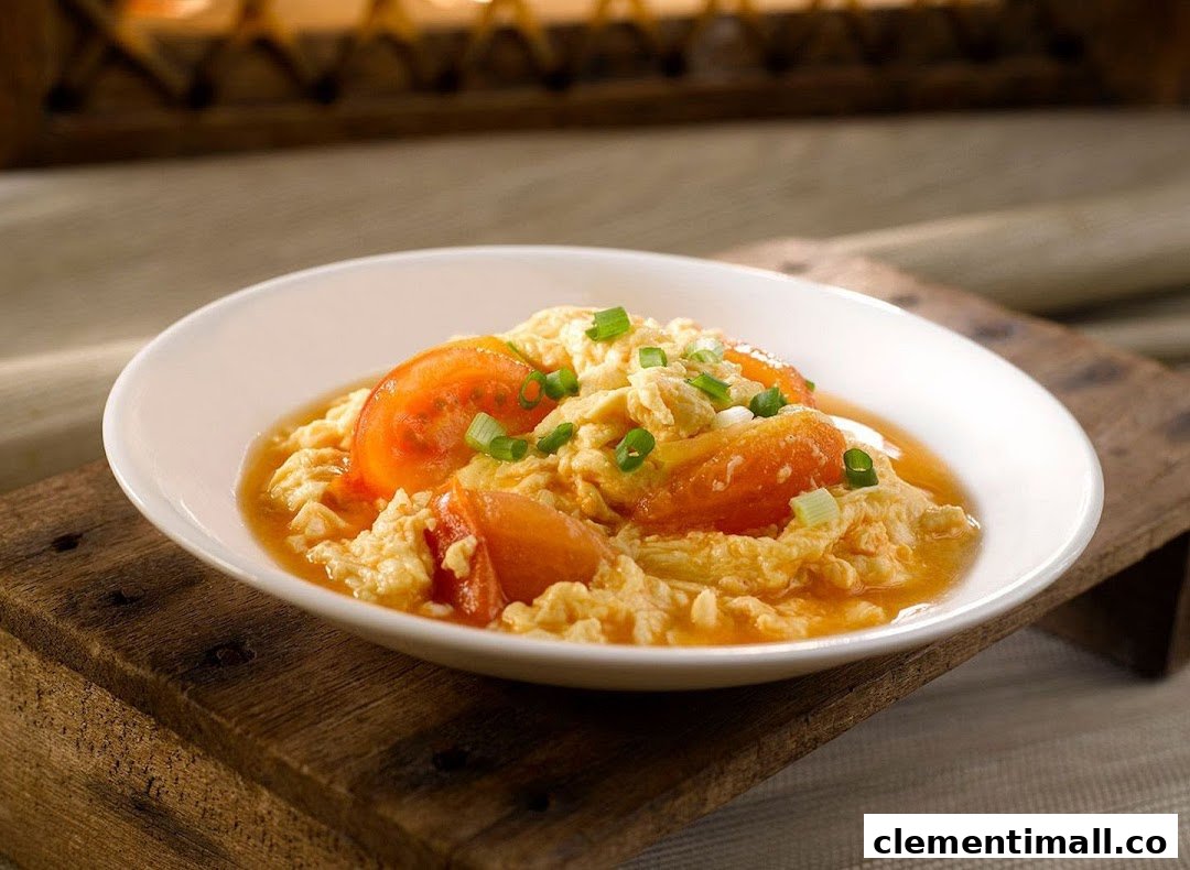 A white bowl filled with scrambled eggs and sliced tomatoes, garnished with green onions.