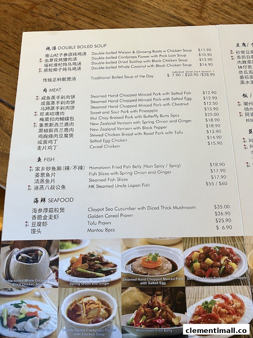 A detailed menu from Soup Restaurant, showcasing a variety of traditional Chinese dishes with prices and photos.