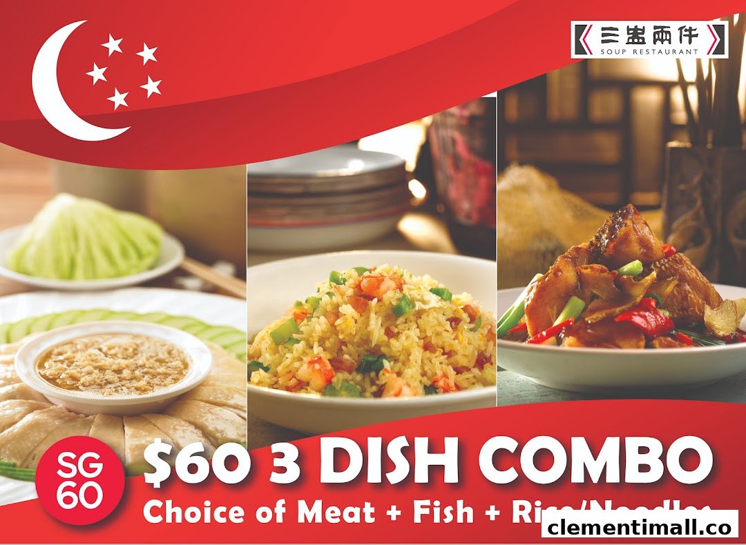 A promotional image showcasing a $60 three-dish combo with meat, fish, and rice/noodles options.