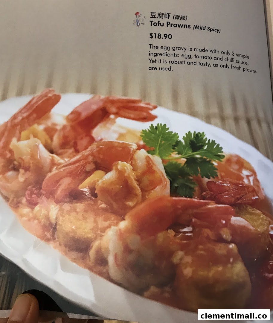A menu page featuring a vibrant image of Tofu Prawns with its description and price.