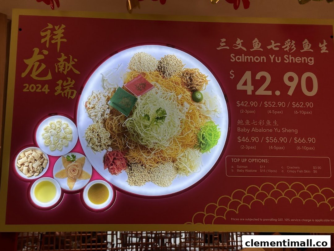 A vibrant menu board showcasing Salmon and Baby Abalone Yu Sheng for Chinese New Year 2024.