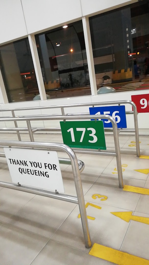 An organized queuing area with numbered signs and a 'Thank You For Queueing' message.