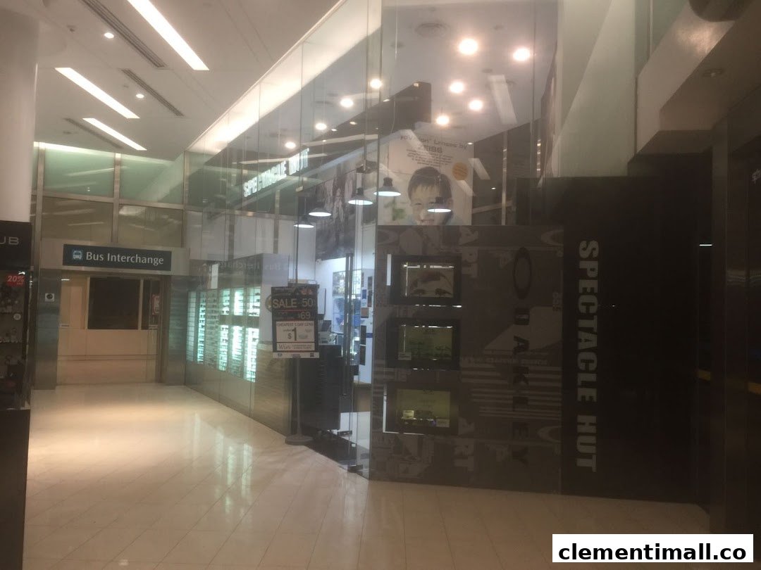 The storefront of Spectacle Hut at The Clementi Mall, featuring eyewear displays and promotions.
