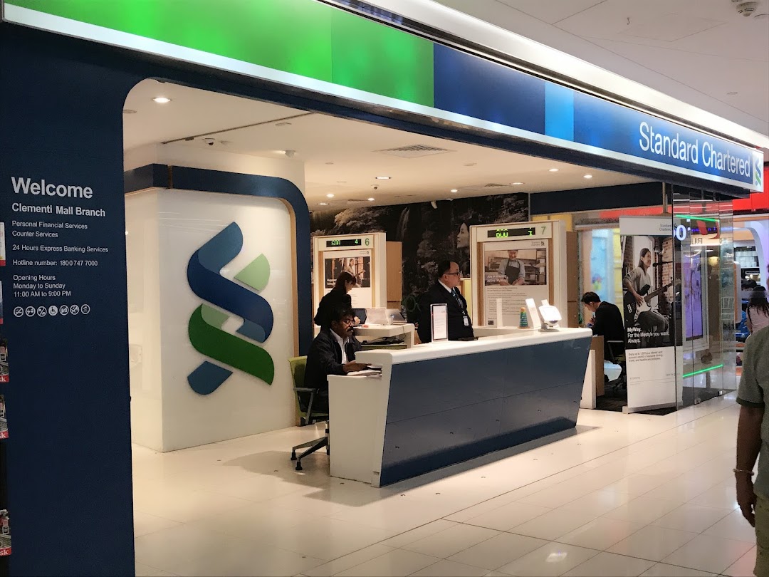 The Standard Chartered Bank branch at Clementi Mall, featuring its reception counter and branding.
