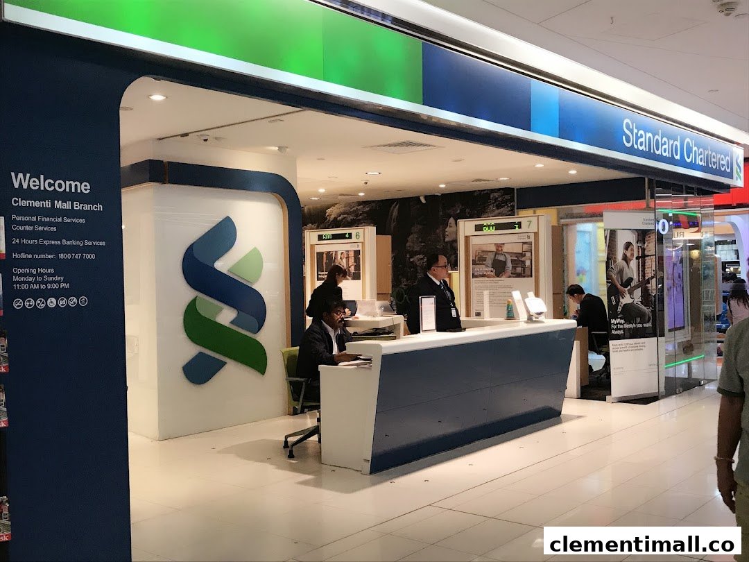 The Standard Chartered Bank branch at Clementi Mall, featuring its reception counter and branding.