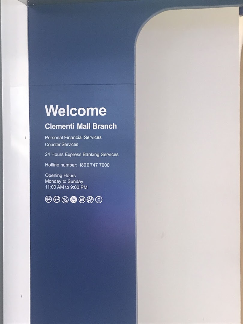 A welcome sign for Standard Chartered Bank's Clementi Mall Branch, detailing services and operating hours.