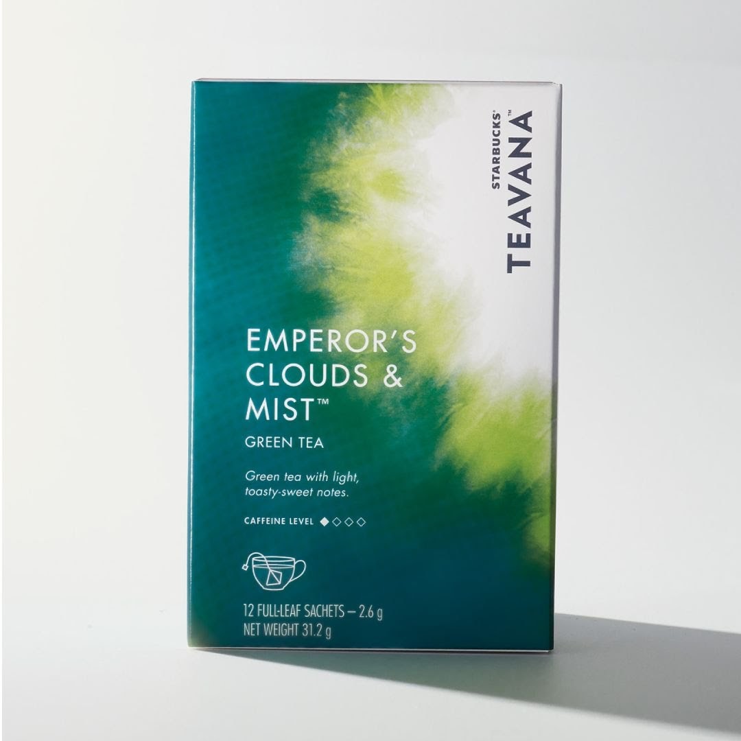 A box of Starbucks Teavana Emperor's Clouds & Mist green tea sachets.