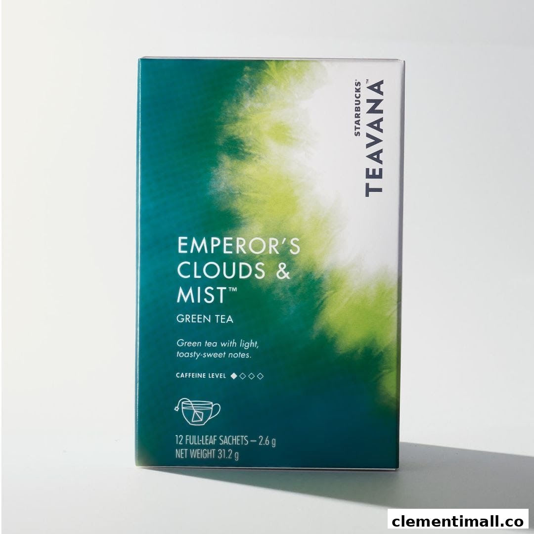 A box of Starbucks Teavana Emperor's Clouds & Mist green tea sachets.