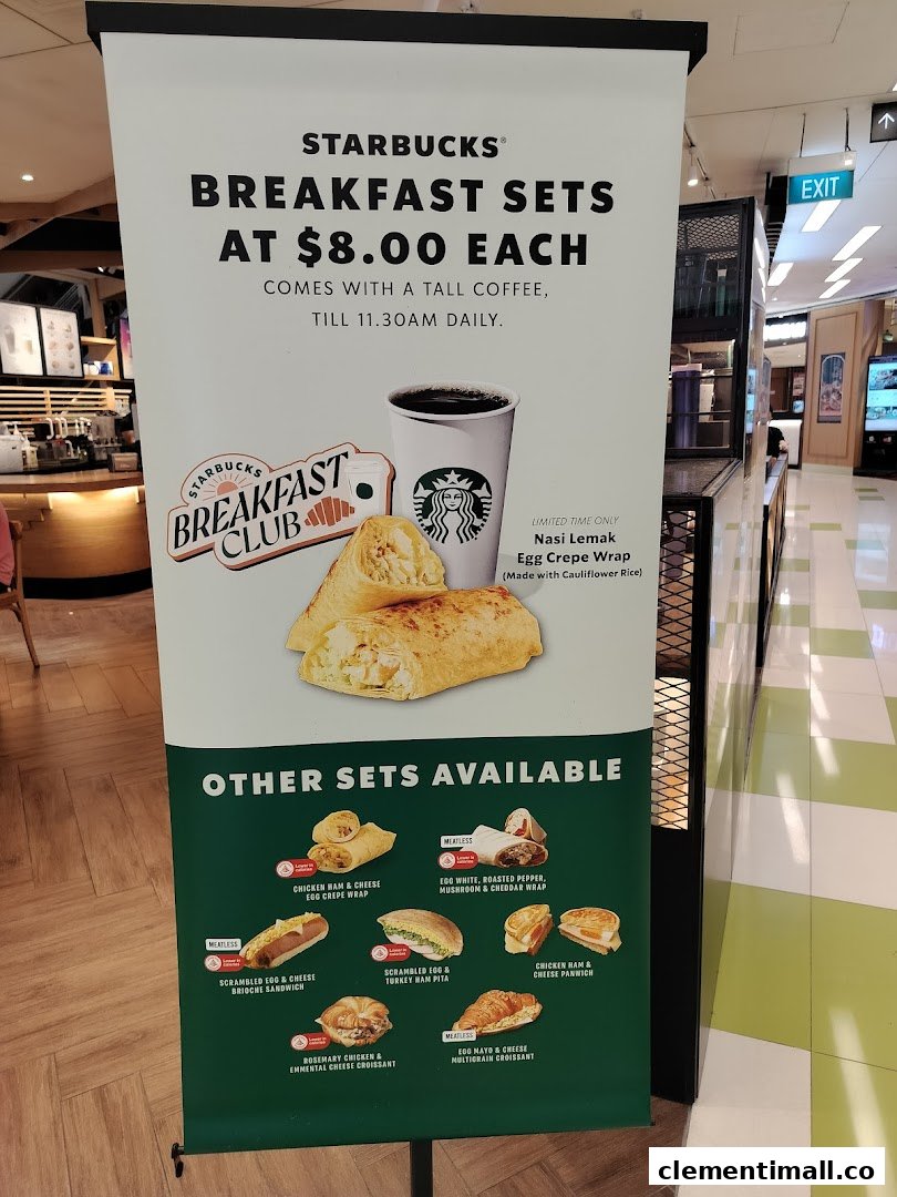 A Starbucks promotional banner showcasing breakfast sets available for $8.00 each, including various food items.