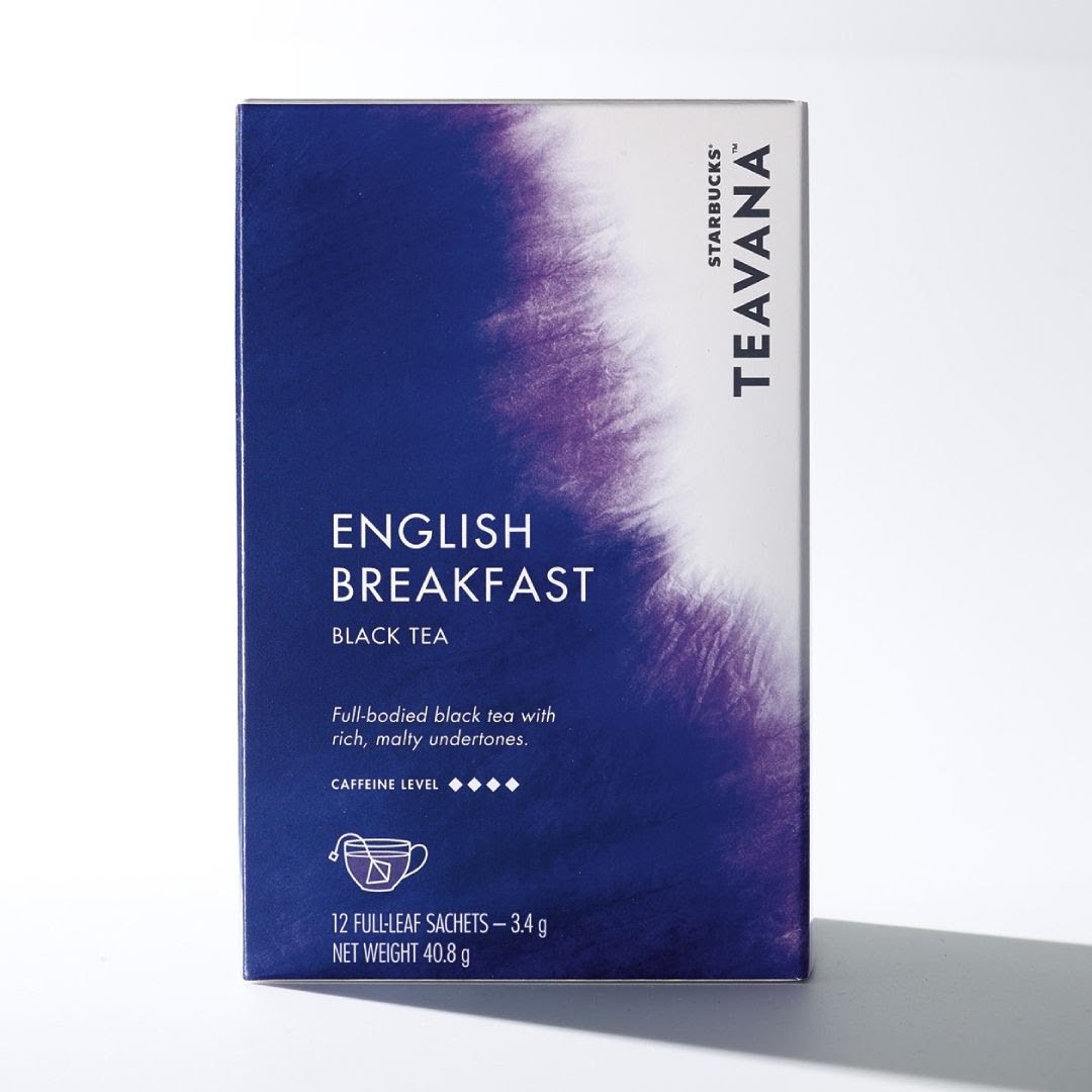 A box of Starbucks Teavana English Breakfast black tea sachets.
