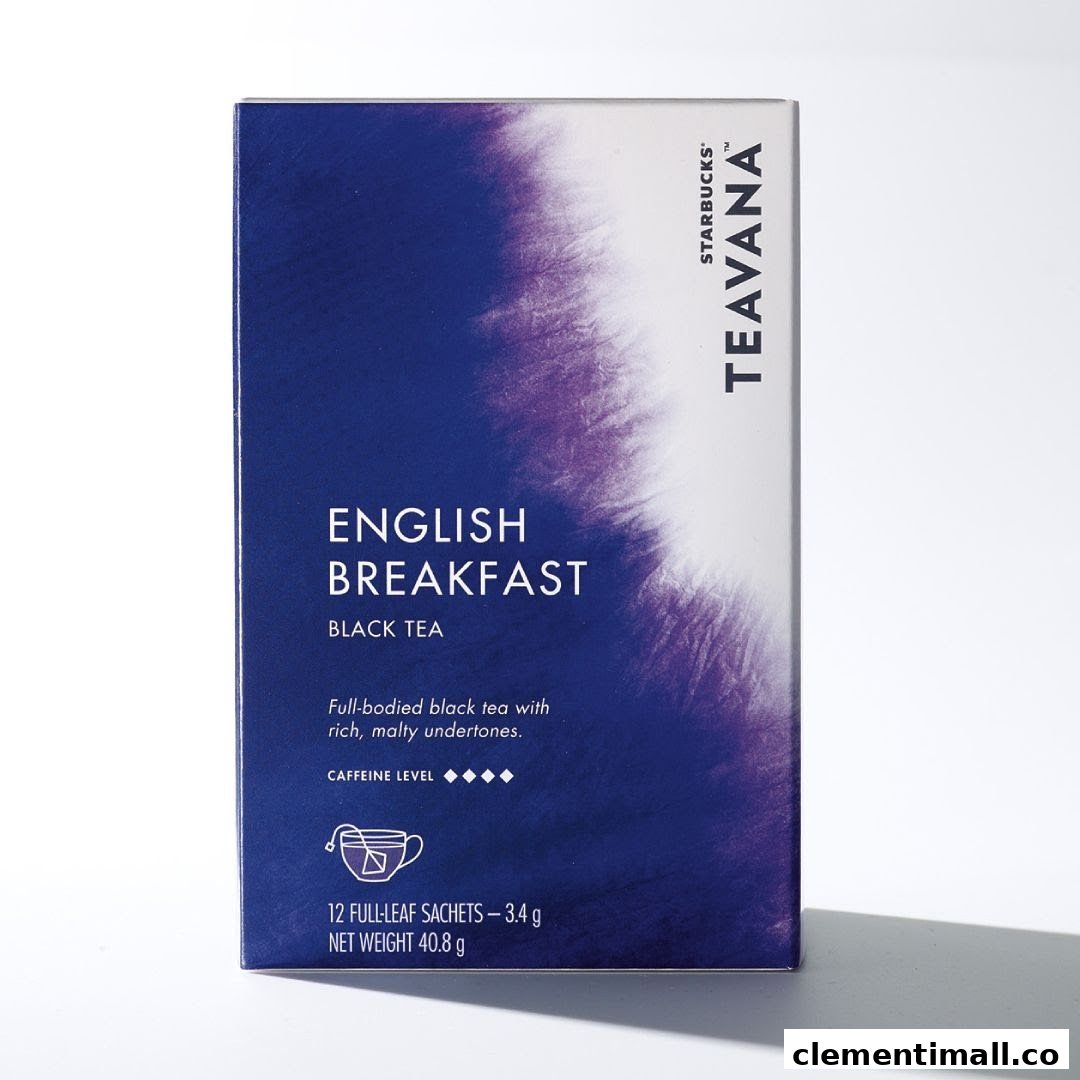 A box of Starbucks Teavana English Breakfast black tea sachets.