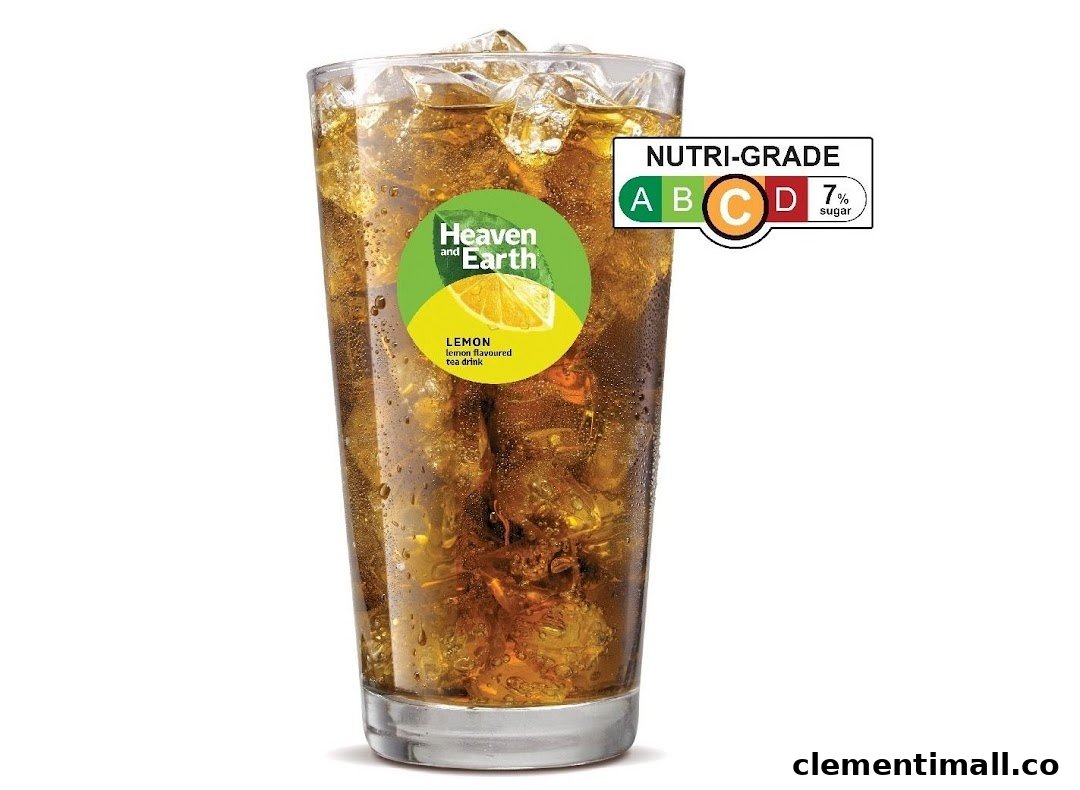 A glass of iced lemon tea with a 'Heaven and Earth' label and 'Nutri-Grade' rating.
