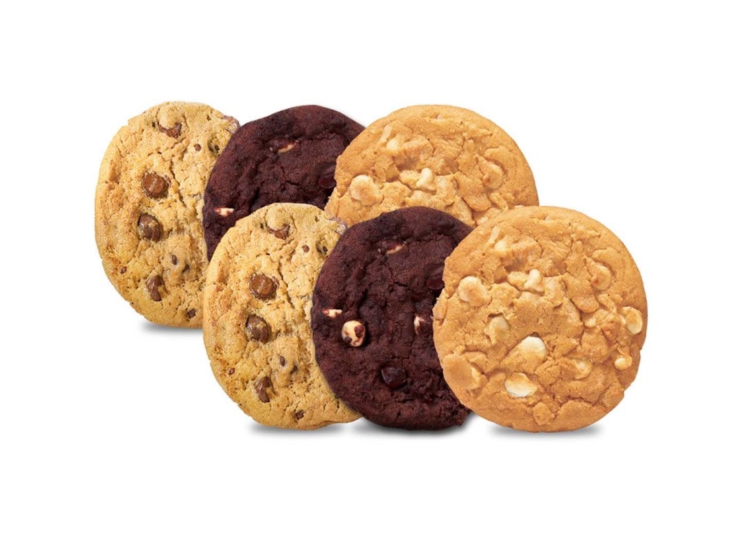 An assortment of freshly baked cookies, including chocolate chip, double chocolate, and white chip varieties.