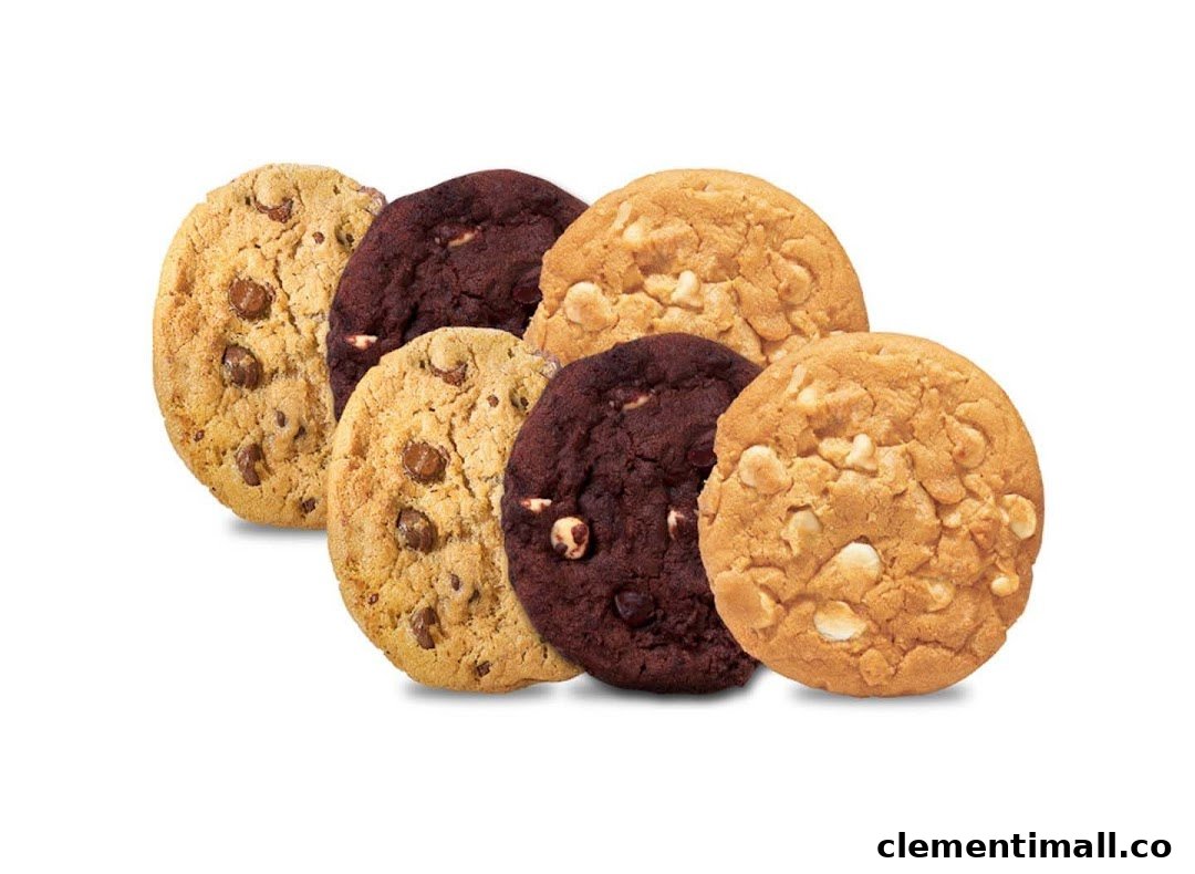 An assortment of freshly baked cookies, including chocolate chip, double chocolate, and white chip varieties.