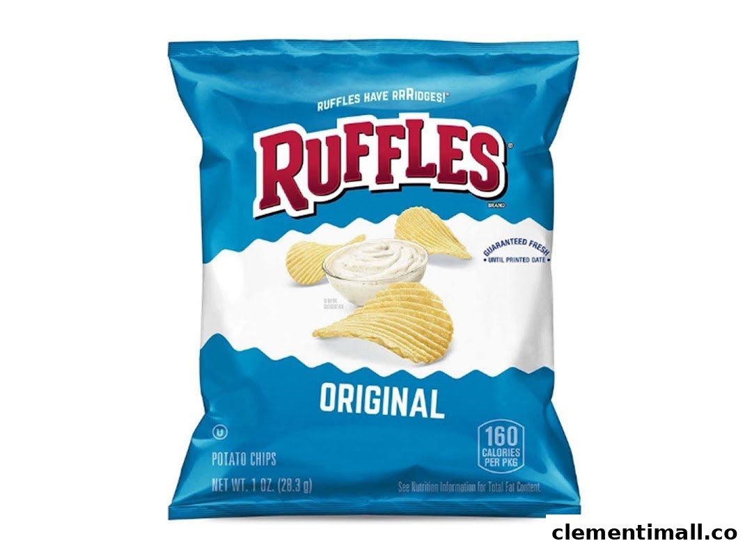 A blue bag of Ruffles Original potato chips featuring ridged chips and a bowl of dip.
