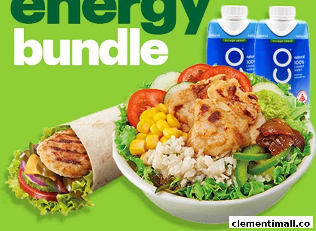 A vibrant image showcasing a Subway 'Energy Bundle' with a wrap, salad bowl, and coconut water.