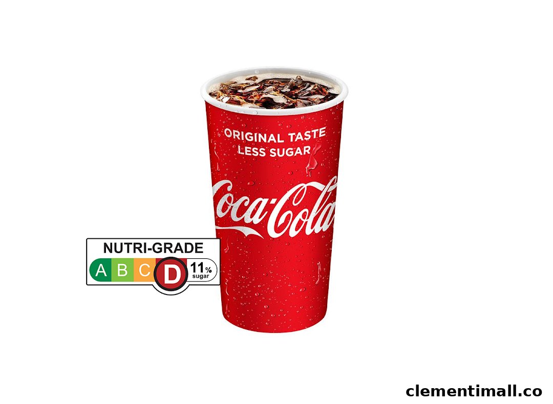 A red Coca-Cola cup with ice and drink, featuring 'Original Taste Less Sugar' and a Nutri-Grade D label.