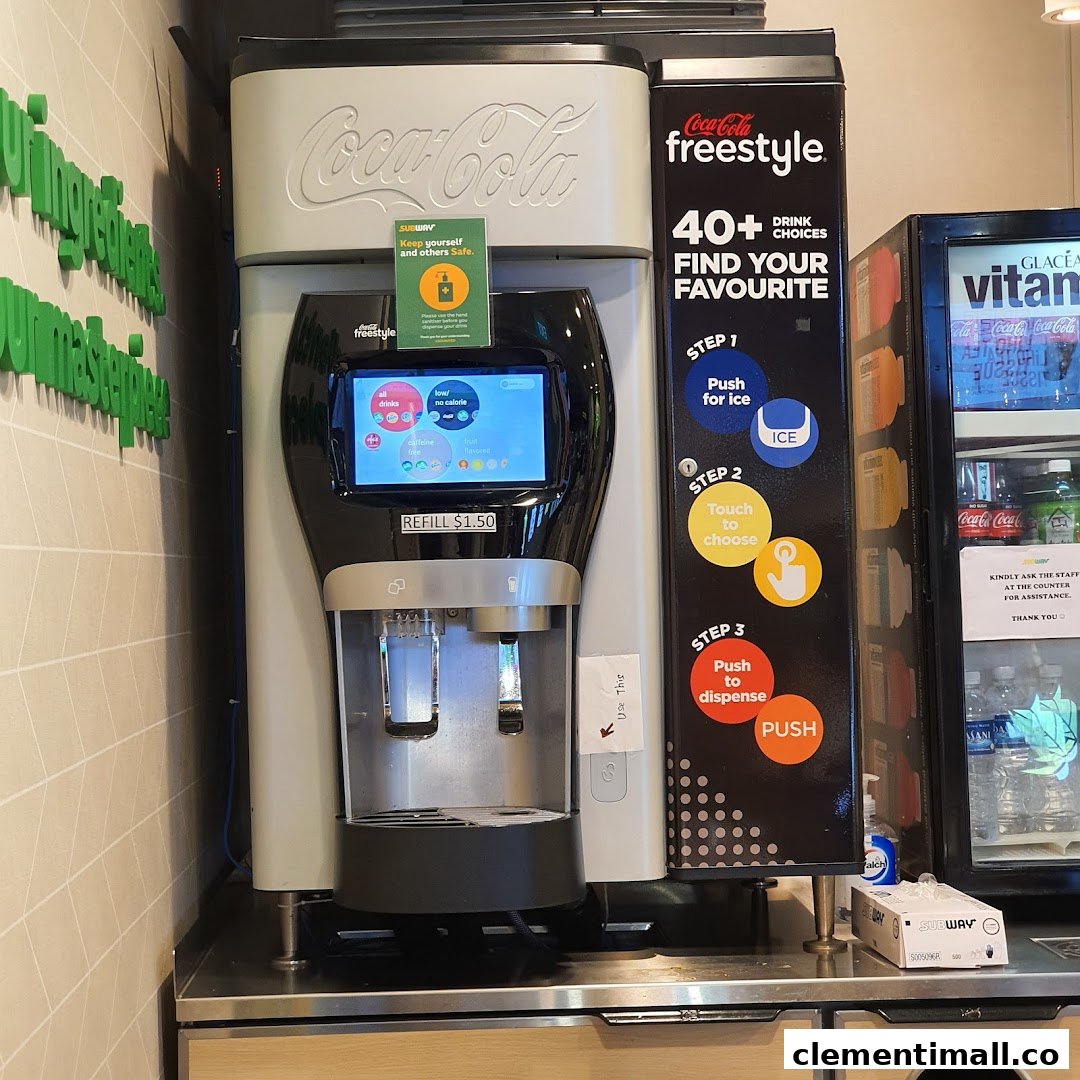 A Coca-Cola Freestyle machine offering 40+ drink choices inside a Subway restaurant.