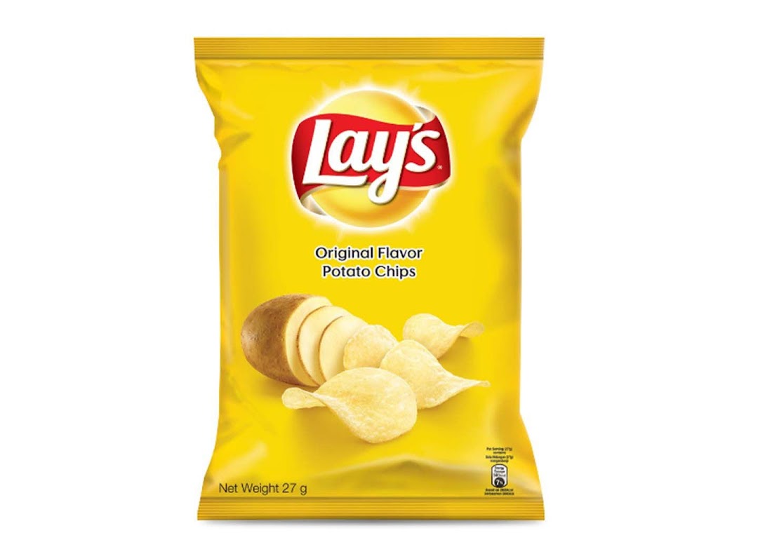 A vibrant yellow bag of Lay's Original Flavor Potato Chips, showcasing the classic snack.