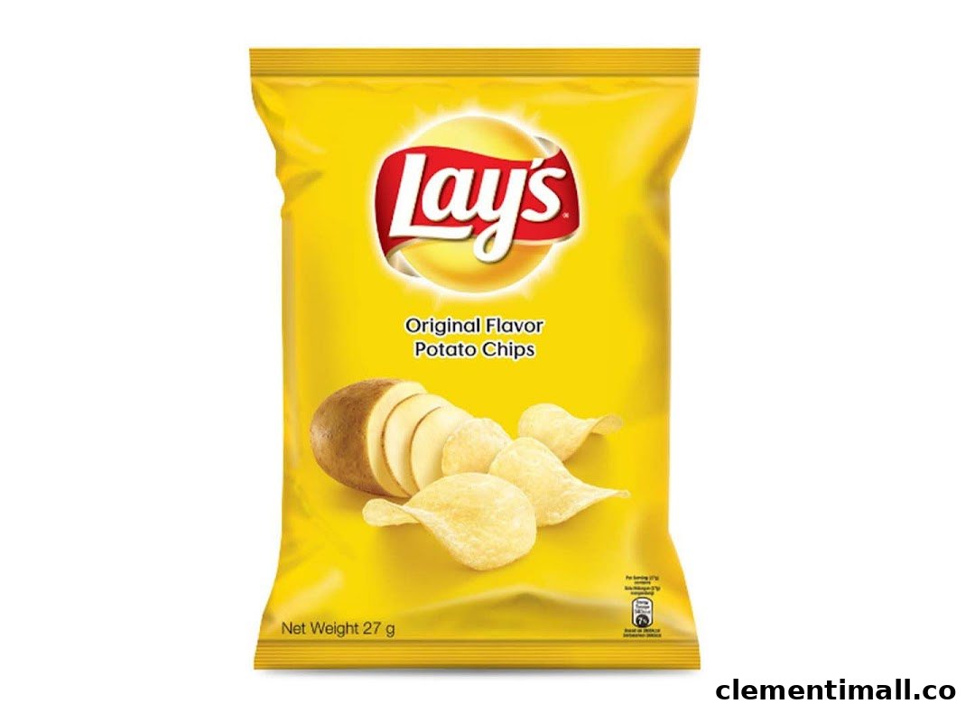 A vibrant yellow bag of Lay's Original Flavor Potato Chips, showcasing the classic snack.