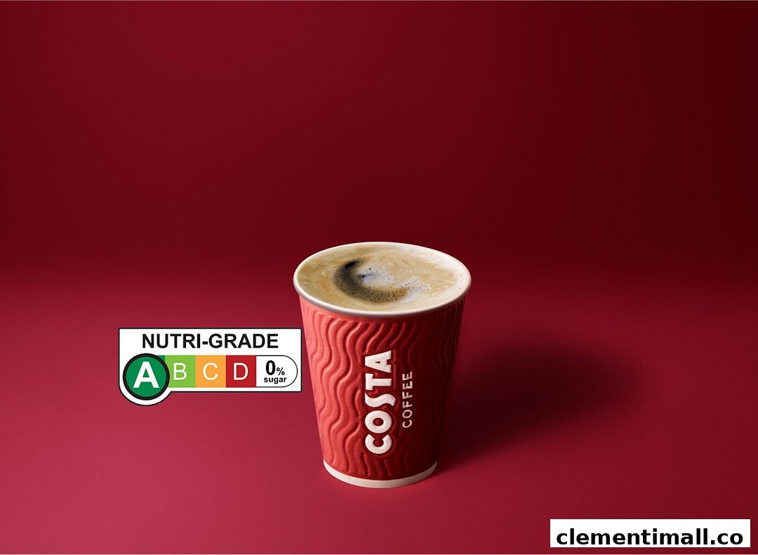 A Costa Coffee cup with a Nutri-Grade label displayed against a vibrant red background.