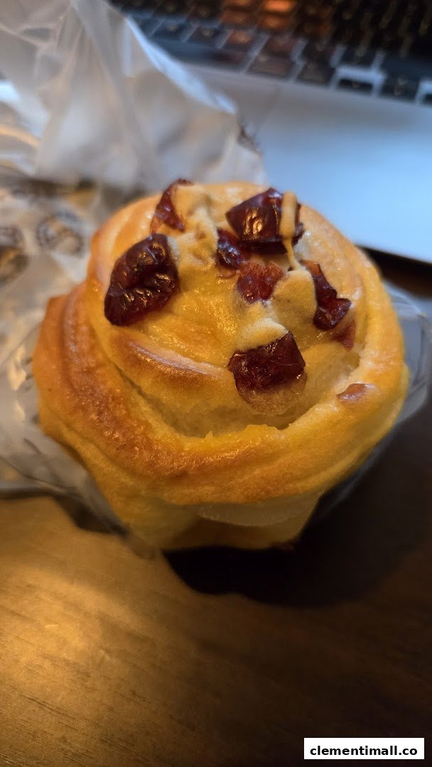 A close-up of a golden-baked pastry topped with dried cranberries.