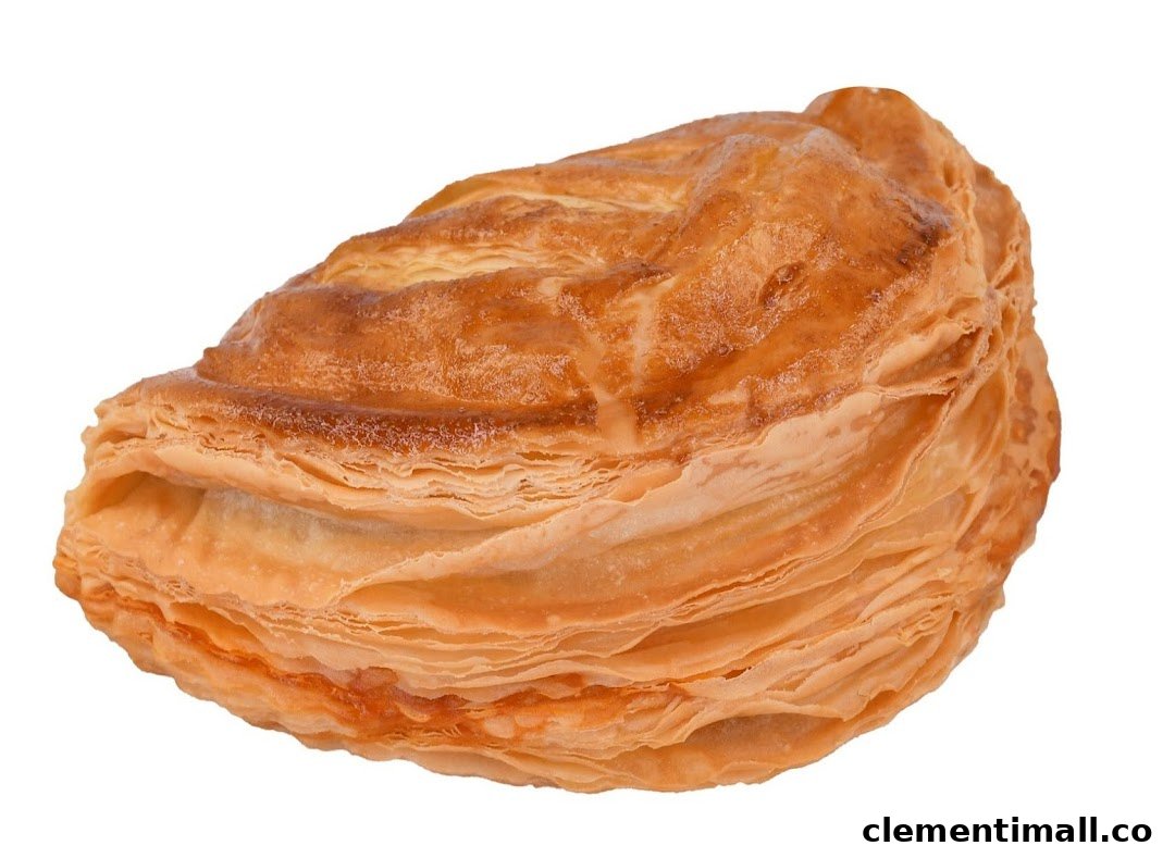 A close-up of a golden-brown, flaky pastry with a rich texture.