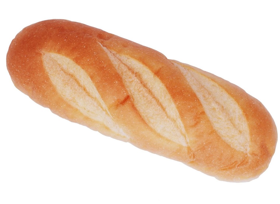 A golden-brown loaf of bread with diagonal scoring on a white background.