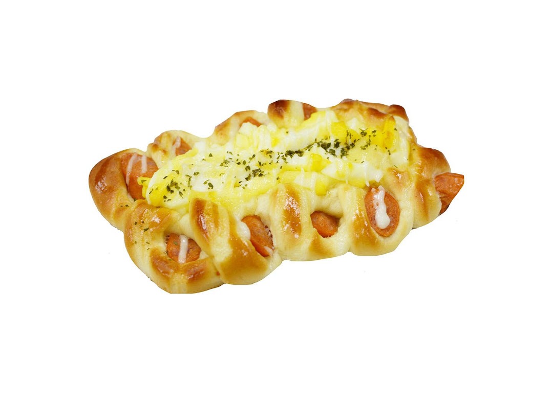 A golden-baked sausage bun topped with melted cheese and herbs.