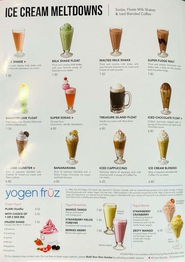 A menu displaying various ice cream meltdowns, shakes, floats, and Yogen Fruz frozen yogurt options.