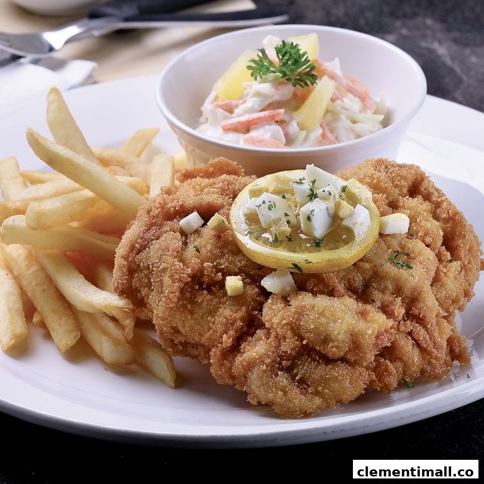 A plate of golden-fried chicken or fish cutlet served with crispy fries, coleslaw, and a lemon garnish.