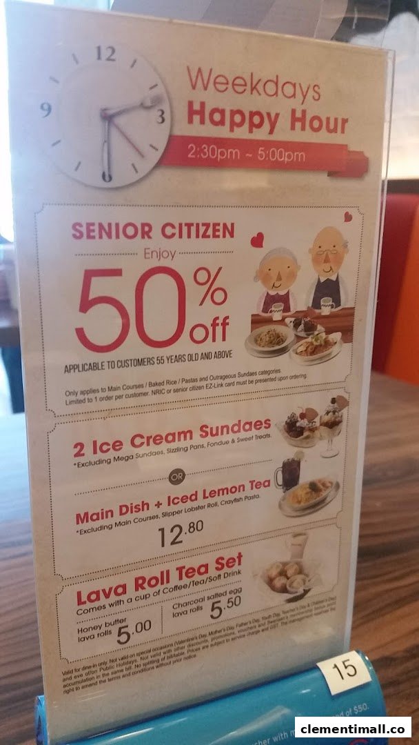 A promotional stand displaying Swensen's happy hour, senior citizen discounts, and special set menus.