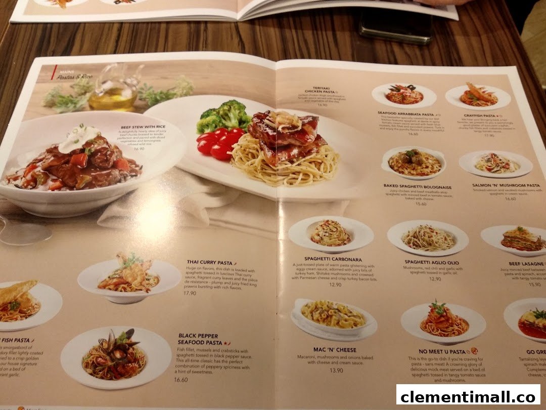 A detailed view of Swensen's menu, showcasing a variety of pasta and rice dishes with descriptions and prices.