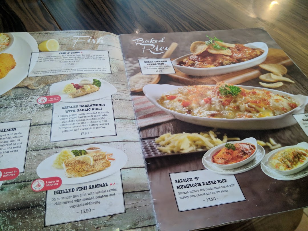 A detailed view of a Swensen's menu, showcasing fish and baked rice dishes with descriptions and prices.