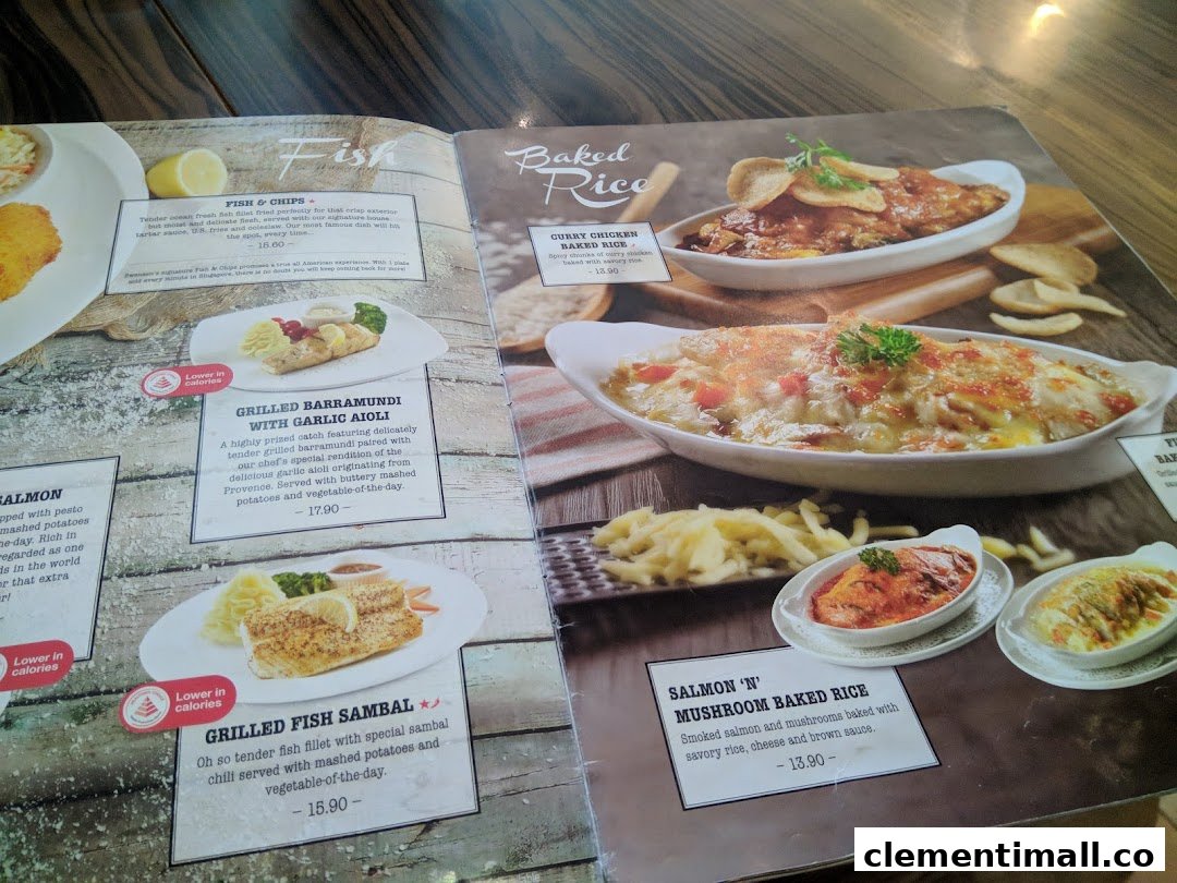 A detailed view of a Swensen's menu, showcasing fish and baked rice dishes with descriptions and prices.