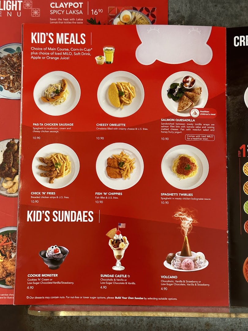 A vibrant red menu page showcasing Swensen's Kids' Meals and Sundaes with appealing food photography.