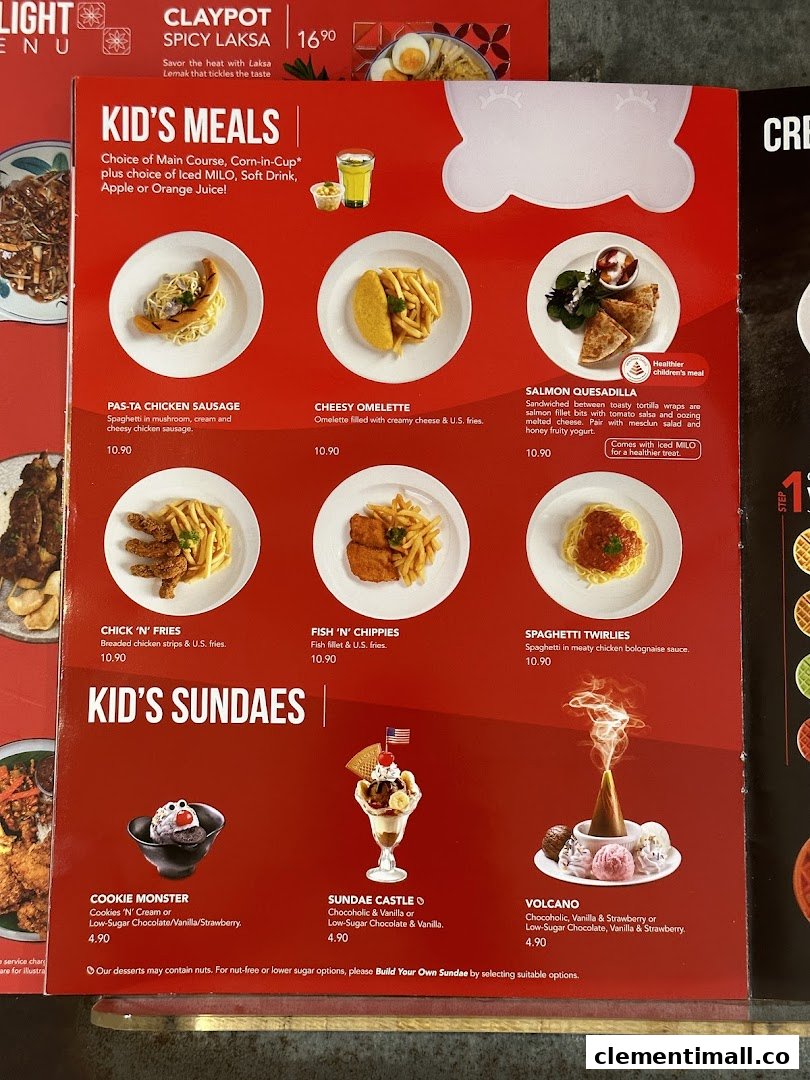 A vibrant red menu page showcasing Swensen's Kids' Meals and Sundaes with appealing food photography.