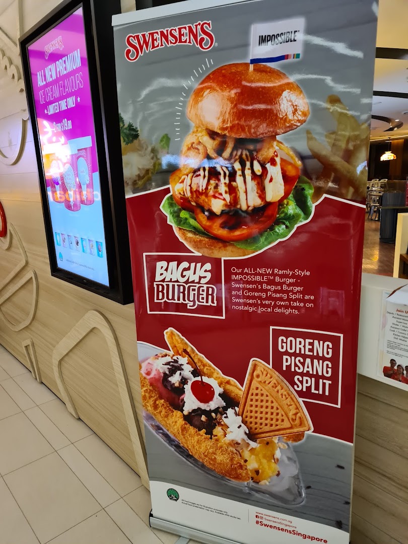A vibrant promotional banner for Swensen's featuring the Bagus Burger, Goreng Pisang Split, and new ice cream flavors.