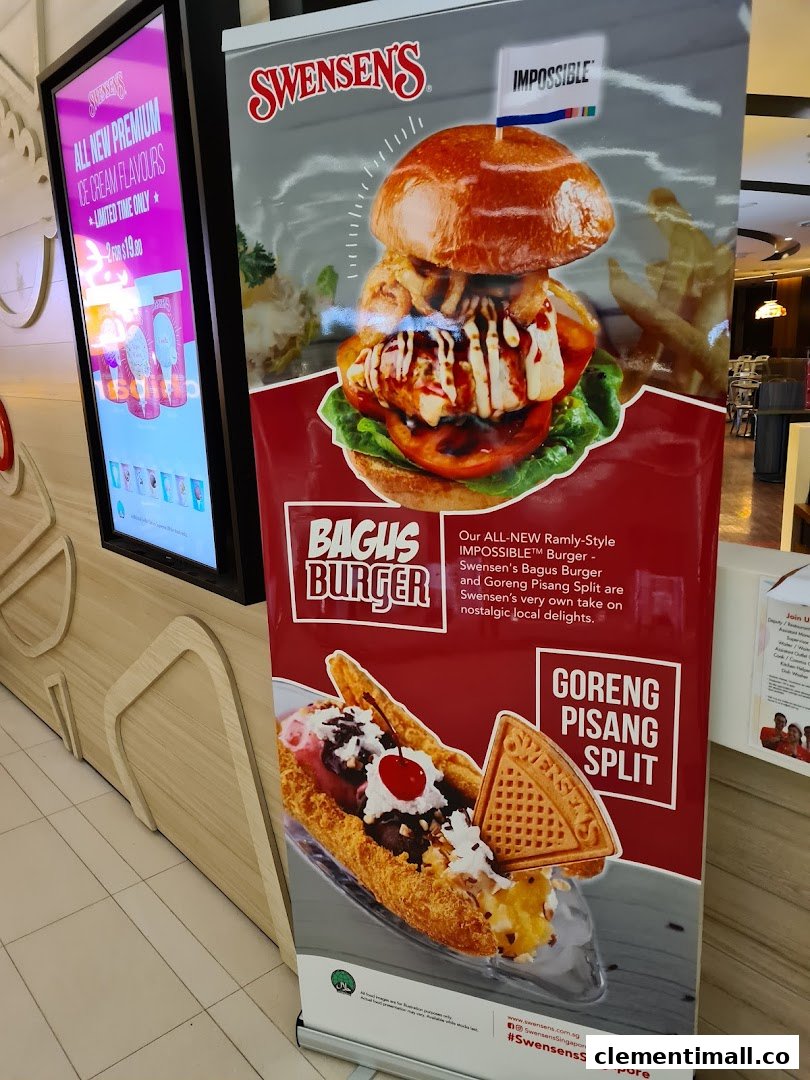 A vibrant promotional banner for Swensen's featuring the Bagus Burger, Goreng Pisang Split, and new ice cream flavors.