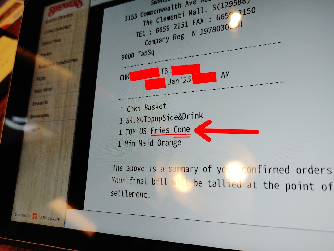 A digital screen at Swensen's Clementi Mall displaying an order summary and partial menu categories.