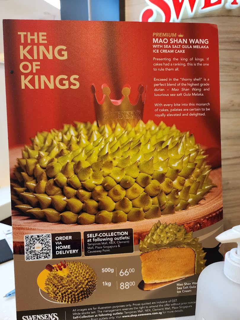 A promotional poster for Swensen's premium Mao Shan Wang durian ice cream cake.