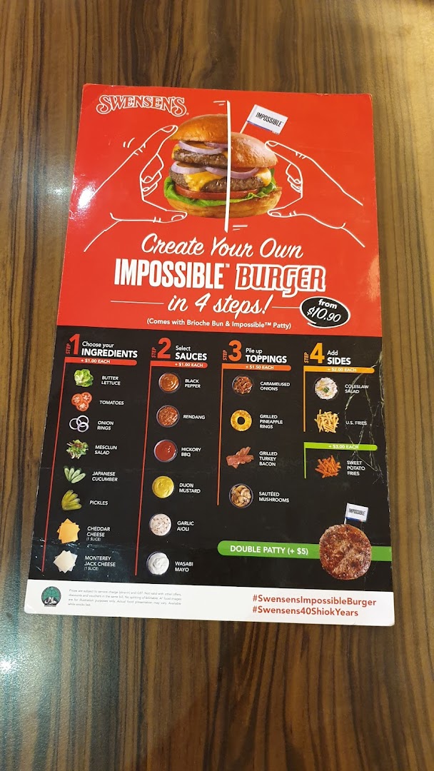A Swensen's menu showcasing a customizable Impossible Burger with various ingredients, sauces, toppings, and sides.