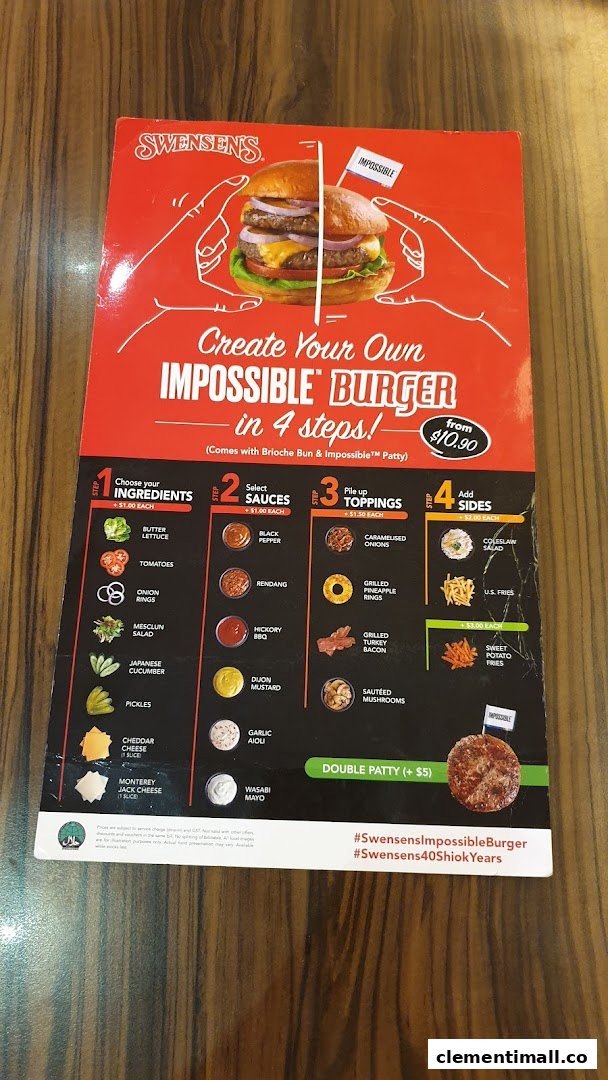 A Swensen's menu showcasing a customizable Impossible Burger with various ingredients, sauces, toppings, and sides.