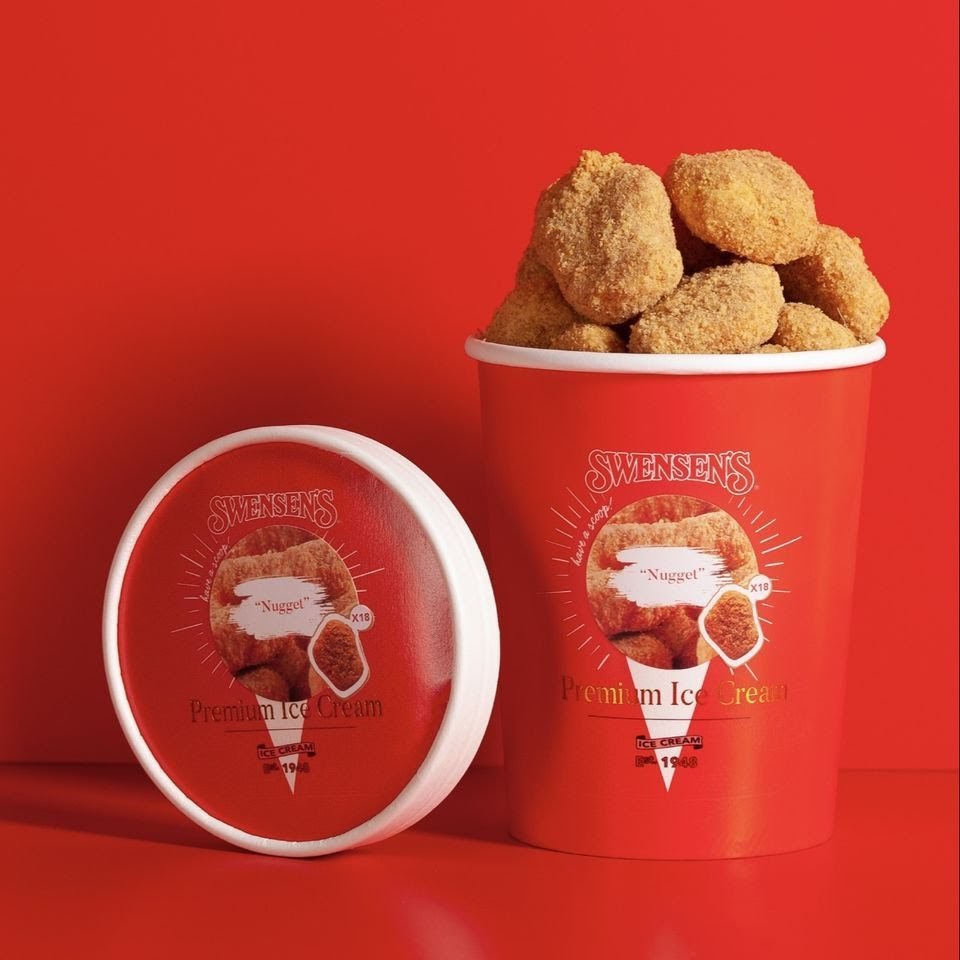 A Swensen's 'Nugget' premium ice cream product, featuring a red tub filled with nugget-shaped ice cream.