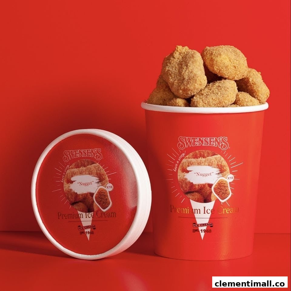 A Swensen's 'Nugget' premium ice cream product, featuring a red tub filled with nugget-shaped ice cream.